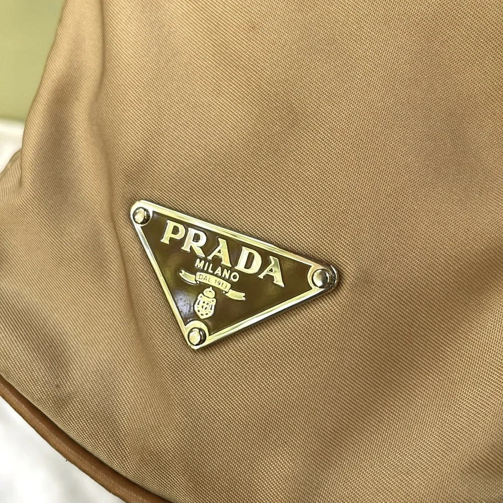 Vintage tan/silver Prada nylon/leather bag with dust bag
